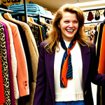 A vibrant, artistic photo capturing the excitement of a 'treasure hunt' in a bustling Dutch thrift store (kringloopwinkel). A stylish individual, exuding authenticity and joy, is holding up a vintage gem – perhaps an oversized 80s blazer or a unique 70s silk scarf – amidst racks of colorful, diverse clothing. The warm, inviting lighting highlights the potential for discovery, with a subtle suggestion of how these unique finds seamlessly integrate into a modern, effortlessly chic personal style. Focus on the thrill of the find and individuality.