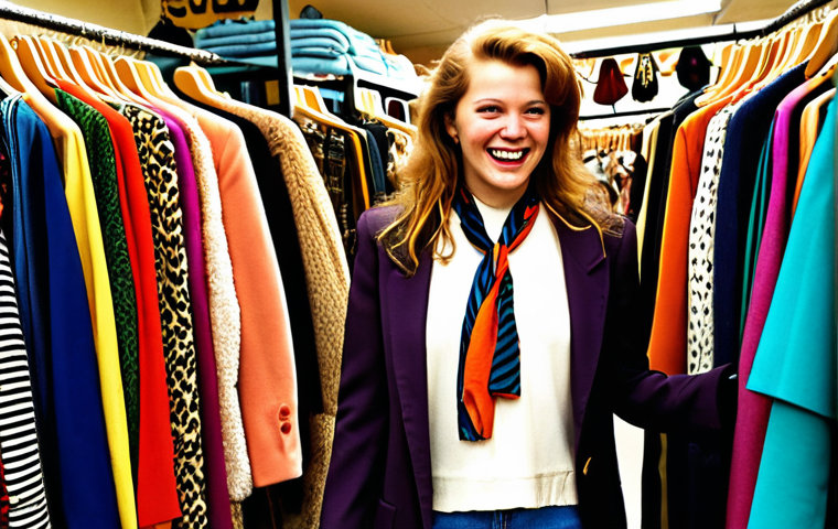 A vibrant, artistic photo capturing the excitement of a 'treasure hunt' in a bustling Dutch thrift store (kringloopwinkel). A stylish individual, exuding authenticity and joy, is holding up a vintage gem – perhaps an oversized 80s blazer or a unique 70s silk scarf – amidst racks of colorful, diverse clothing. The warm, inviting lighting highlights the potential for discovery, with a subtle suggestion of how these unique finds seamlessly integrate into a modern, effortlessly chic personal style. Focus on the thrill of the find and individuality.